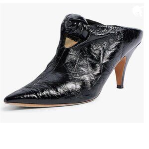YDN Black Pointed Toe Mid Heeled Clogs Mules Knots Slip On Sandals Party Shoes